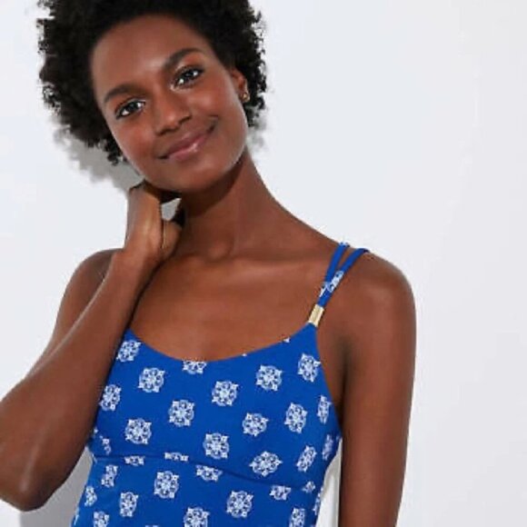 LOFT BEACH BLUE & WHITE CROSS BACK TANKINI HIGH CUT SWIMSUIT SET SIZE XL NWT - Picture 4 of 11